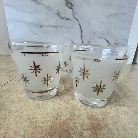 Vintage MCM Dominion Atomic Starburst Frosted Tumbler Glasses Set of 4 - Picture 2 of 10